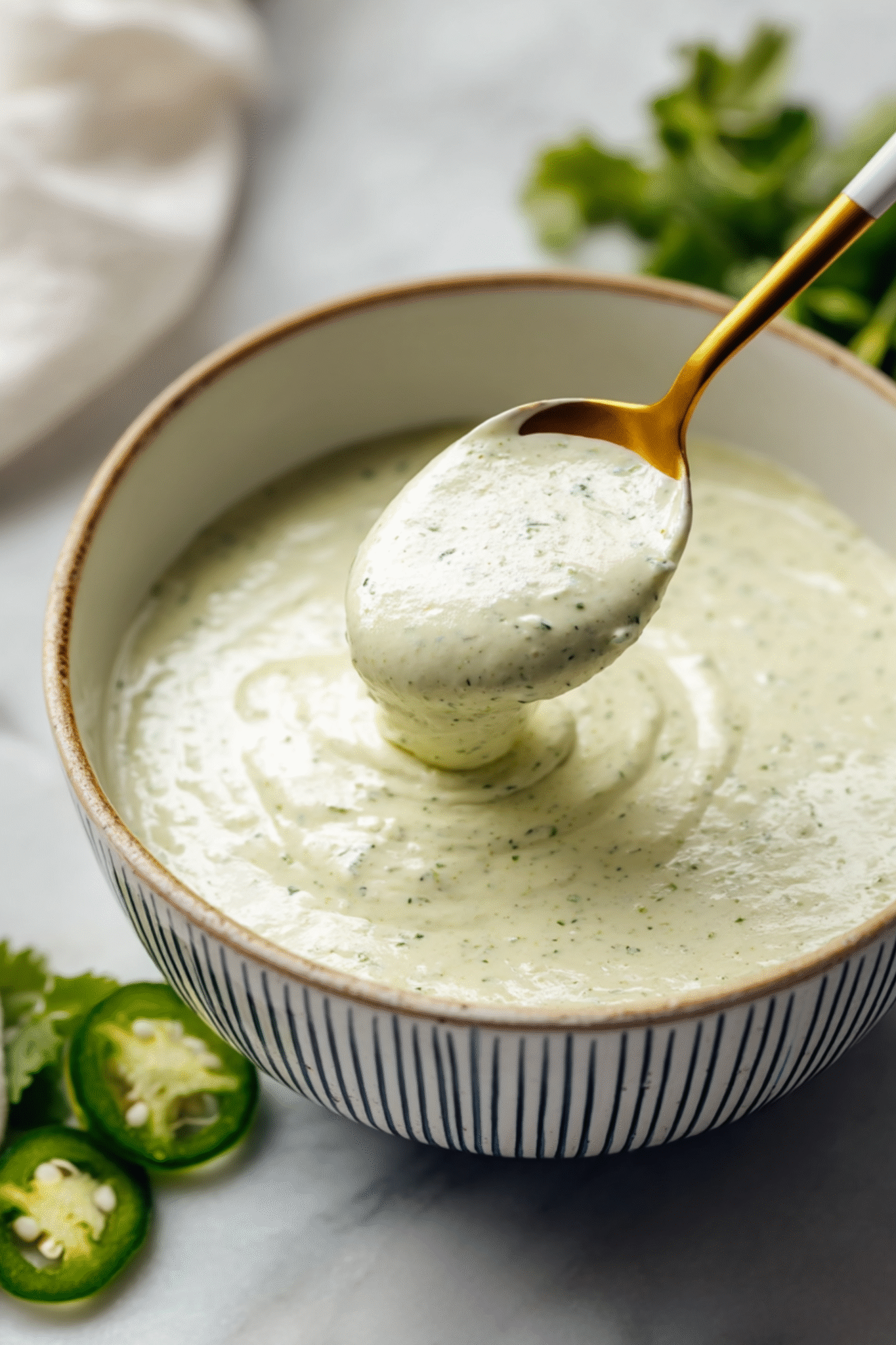 Serving Creamy Jalapeno Sauce with Spoon Spoonful of creamy jalapeno sauce served from a bowl