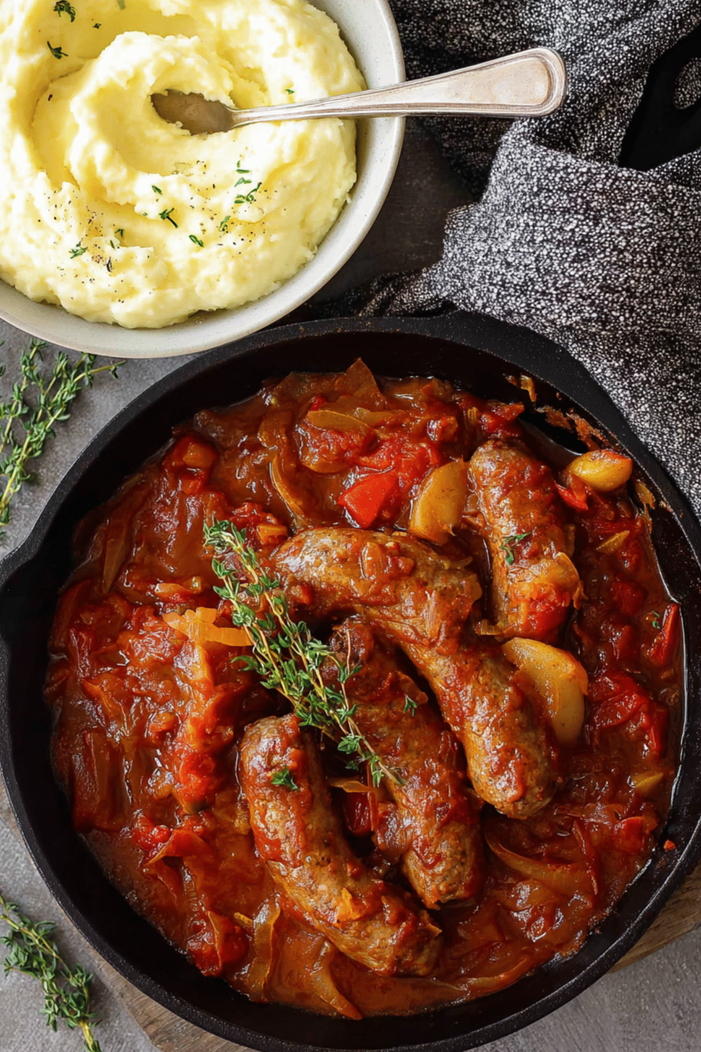 Devilled Sausages with Mashed Potatoes Devilled sausages served with creamy mashed potatoes in a cast iron skillet