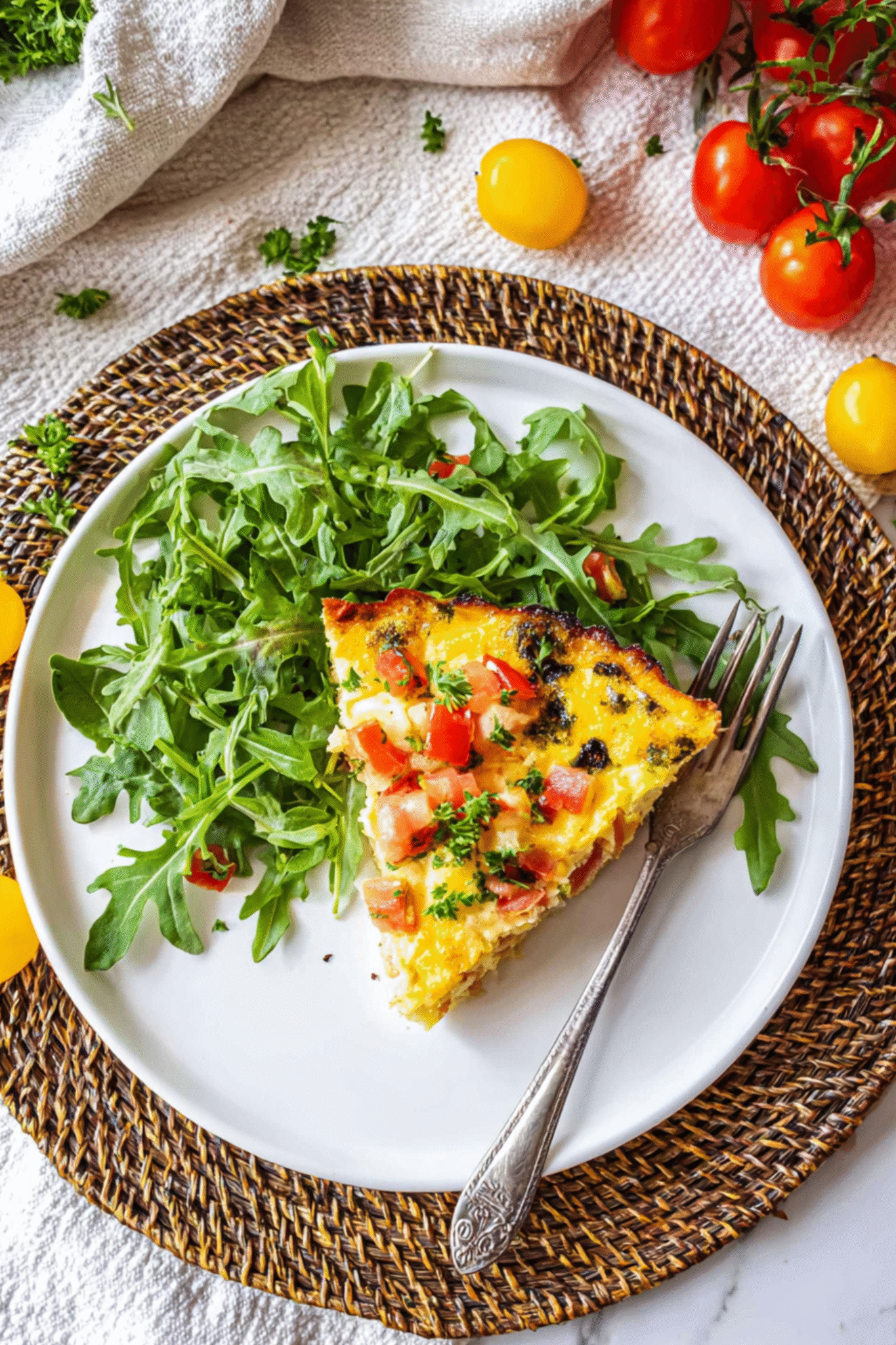 Keto Quiche Recipe Slice with Fresh Salad slice of keto quiche recipe served with arugula salad