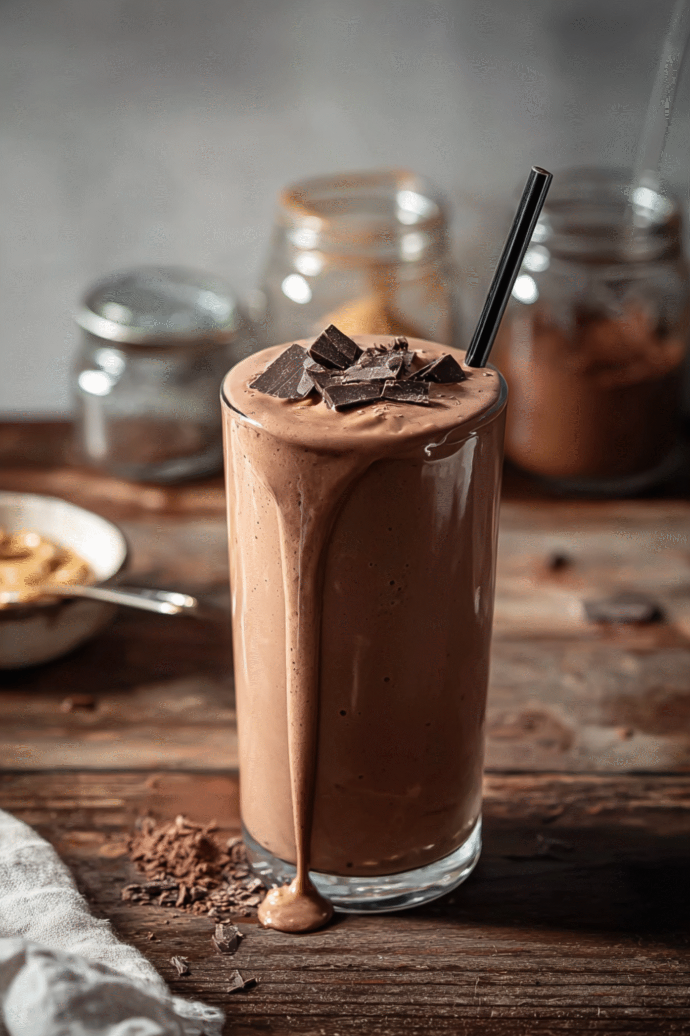 Thick Chocolate Peanut Butter Smoothie with Toppings Chocolate Peanut Butter Smoothie overflowing with creamy texture
