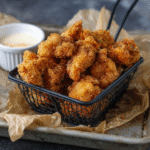 Close-Up of Crispy Keto Popcorn Chicken in Metal Basket