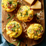Three Bacon Egg And Cheese Muffins with cheese and herbs on wooden board