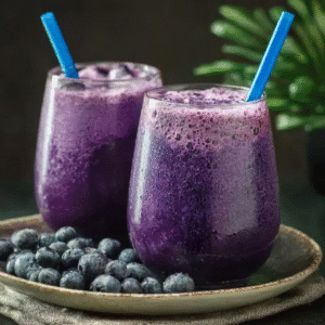 Blueberry almond milk smoothie in glass with straw and fresh blueberries on plate