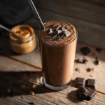 Chocolate Peanut Butter Smoothie with peanut butter in the background