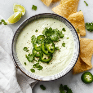 Creamy jalapeno sauce with jalapeno slices and cilantro