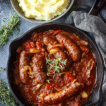 Hearty devilled sausages with onions and tomatoes served with mashed potatoes