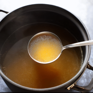 Tasty Homemade Beef Bone Broth in a pot with ladle