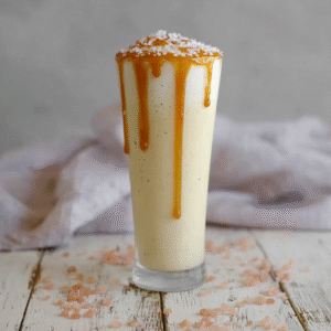 Keto Egg Fast Shake with caramel drizzle and salt flakes