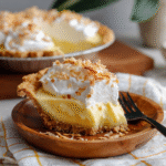 Slice of easy keto pie crust filled with creamy coconut pie and topped with whipped cream and toasted coconut