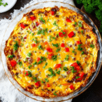 keto quiche recipe topped with melted cheese and tomatoes