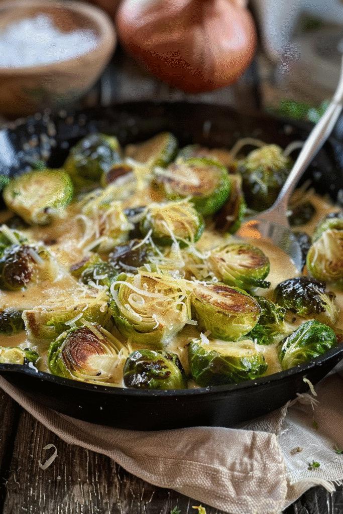 Keto Creamed Brussels Sprouts Recipe in cast iron skillet with cheese sauce