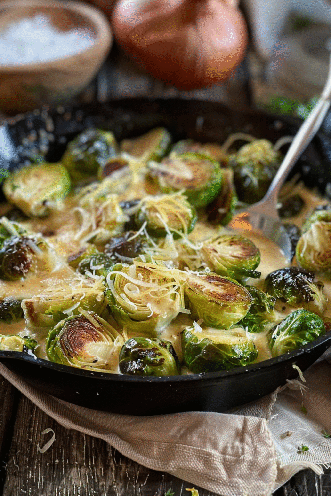 Keto Creamed Brussels Sprouts Recipe in Skillet Keto Creamed Brussels Sprouts Recipe in cast iron skillet with cheese sauce