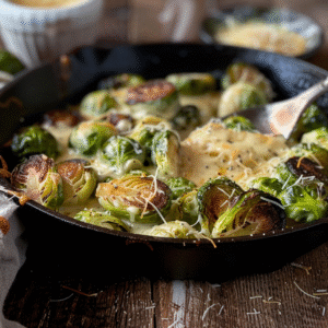 Tasty Keto Creamed Brussels Sprouts Recipe with golden sear and creamy sauce