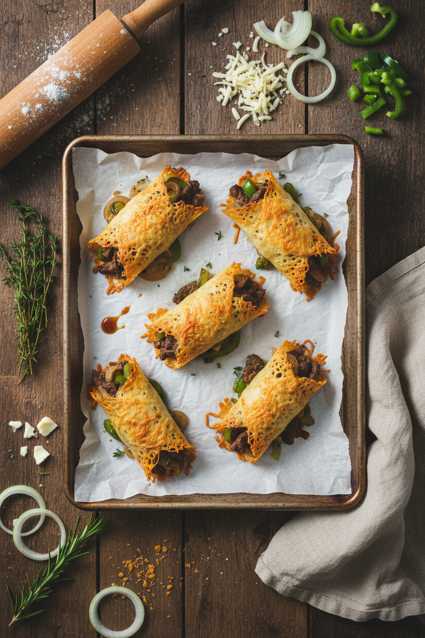 Keto Philly Cheesesteak Rolls - Crispy Cheese Wraps with Beef and Peppers Keto Philly Cheesesteak Rolls on a parchment-lined baking tray, filled with beef, onions, and peppers.