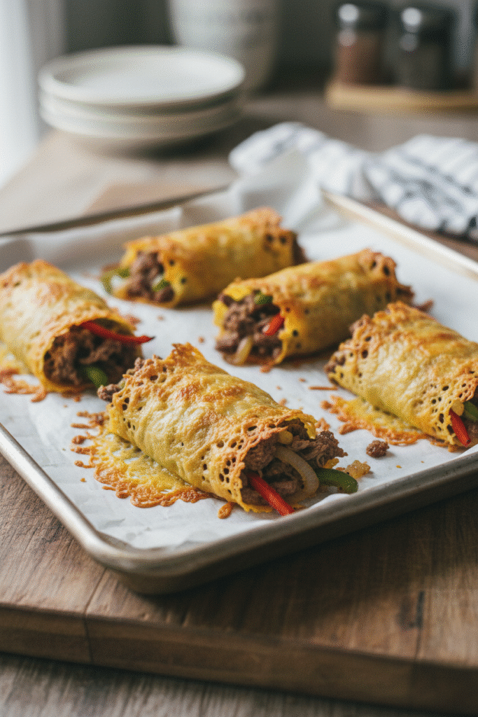 Keto Philly Cheesesteak Rolls served on a parchment-lined tray with melted cheese and colorful peppers.