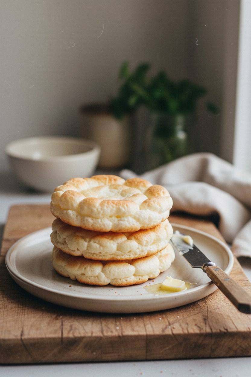 Serving Cloud Keto Bread – Easy Low-Carb Bread for Keto Meals Cloud Keto Bread stack on a wooden board beside butter knife